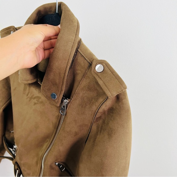 Zara Cropped Suede Effect Moto Biker Zip up Jacket Women brown in colour - Picture 9 of 16